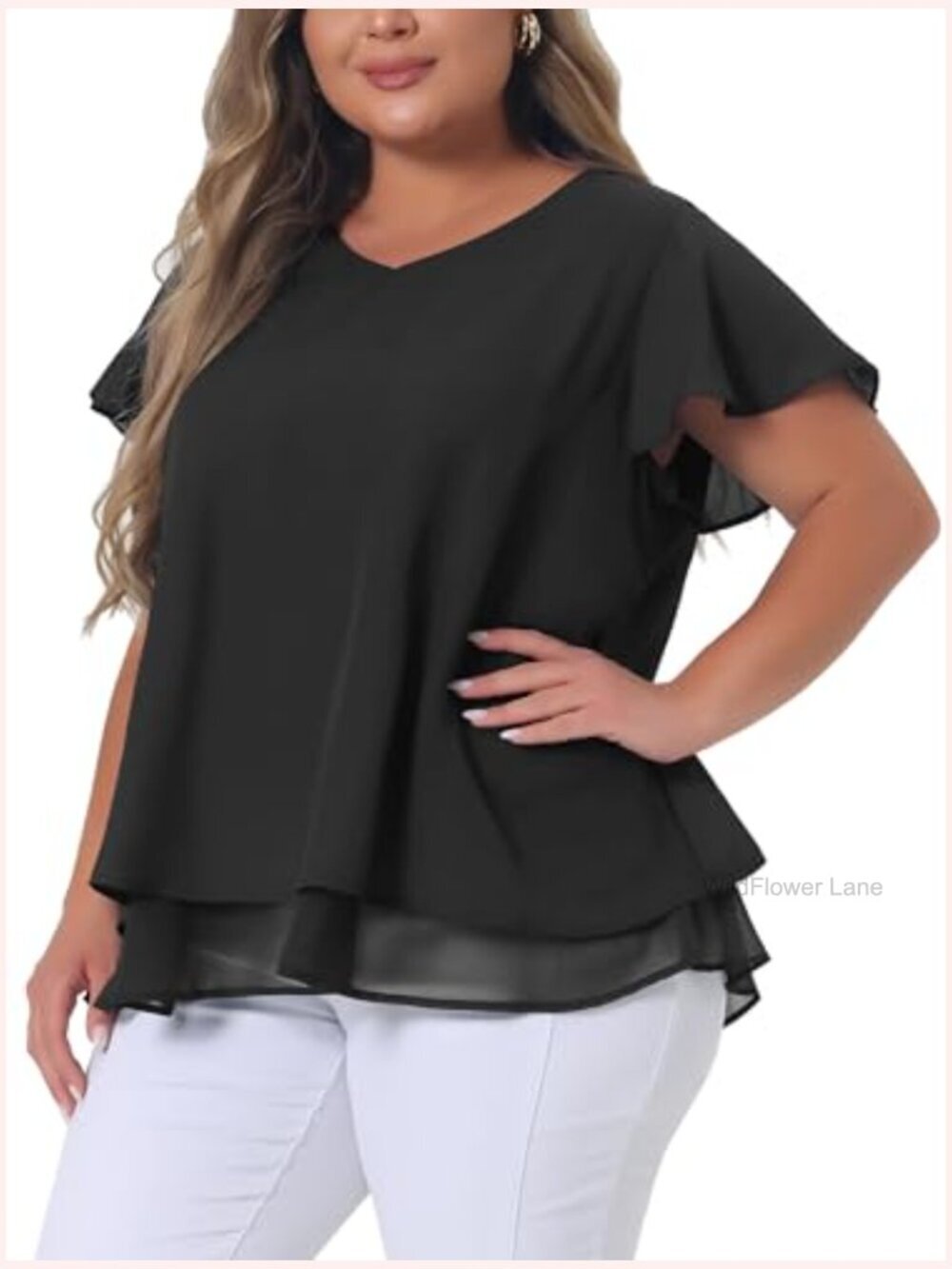 Plus Size Blouse Ruffle Short Sleeve V Neck Double Layered Hem Chiffon Casual - Picture 2 of 6